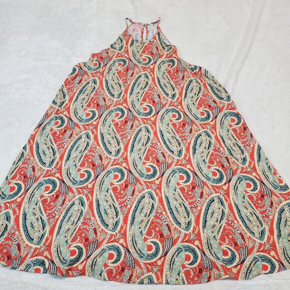 Cato Orange Paisley Artsy Bohemian Festival Beach Halter Neck Flowy Mini Dress M - Picture 1 of 8